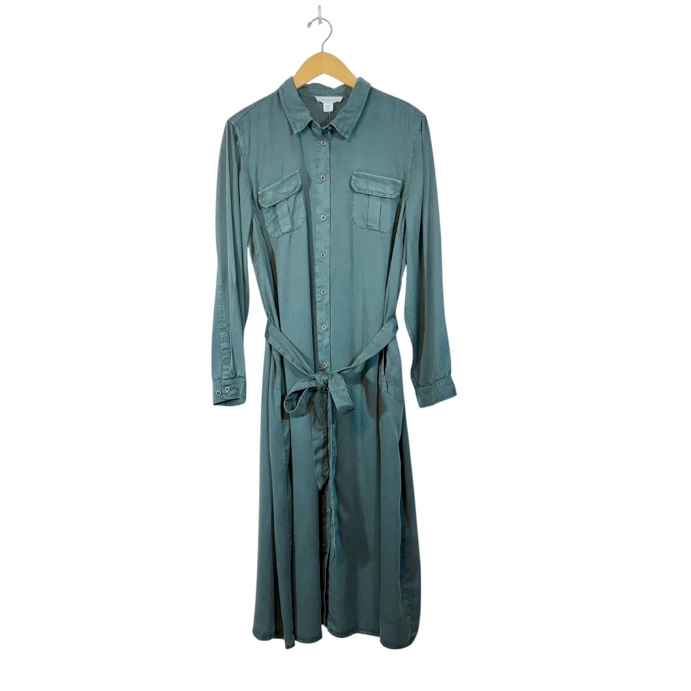 Coldwater Creek 100% Lyocell Safari Dress Sz XLP Green Button‎ Down Long Sleeve